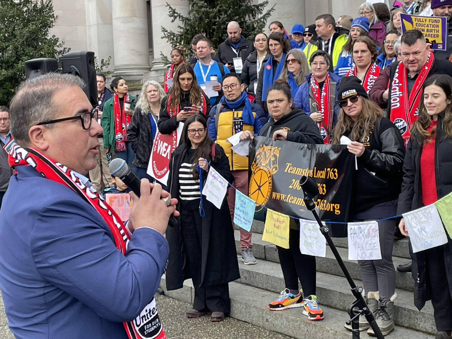 Jerry Cornfield / Washington State Standard
A new law in Washington will assure students are offered special education services until they are 22. State Sen. Adrian Cortes, D-Battle Ground, a special education teacher, was the sponsor. He spoke of the need for increased funding and support for public schools at a February rally of educators, parents and students at the Washington state Capitol.