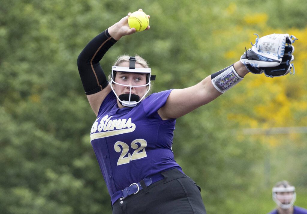 Lake Stevens’ Mara Sivley throws a pitch during the 4A District 1 game against Jackson on Friday, May 16, 2025 in Everett, Washington. (Olivia Vanni / The Herald)
