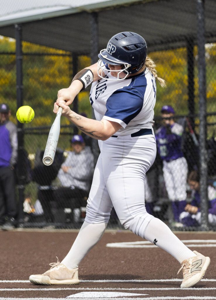Glacier Peak’s Bri Titus gets a hit during the 4A District 1 consolation game against North Creek on Friday, May 16, 2025 in Everett, Washington. (Olivia Vanni / The Herald)

