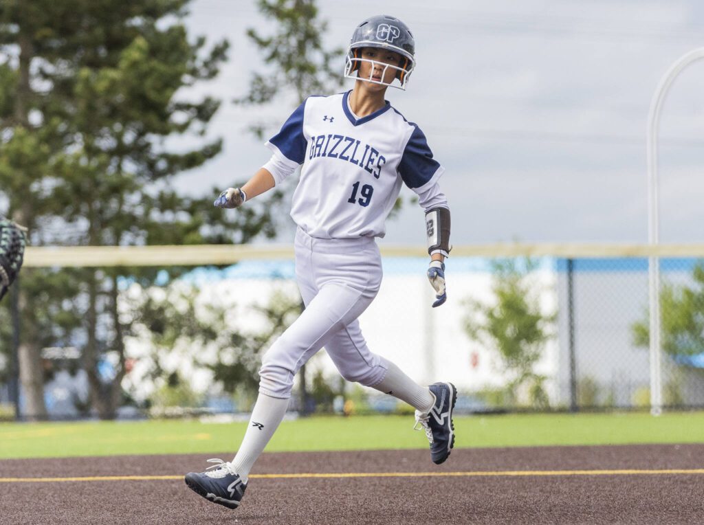 Glacier Peak’s Alexis Garcia runs to third base during the 4A District 1 consolation game against North Creek on Friday, May 16, 2025 in Everett, Washington. (Olivia Vanni / The Herald)

