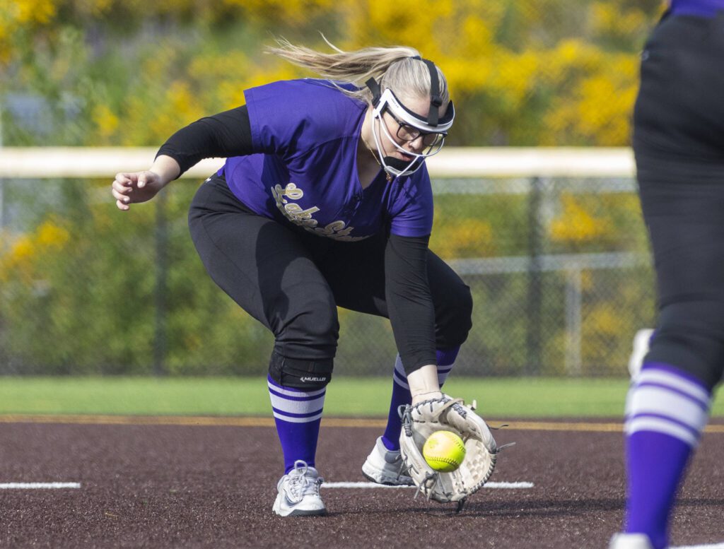 Lake Stevens’ Emerson Cummins fields the ball during the 4A District 1 game against Jackson on Friday, May 16, 2025 in Everett, Washington. (Olivia Vanni / The Herald)

