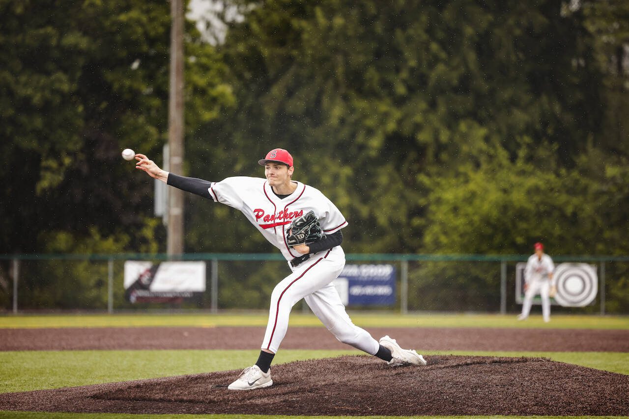 Snohomish junior Luke Davis releases a pitch during the Panthers’ 4-2 win against Monroe in a District 1 3A consolation game in Woodinville, Washington on May 17, 2025. (Photo courtesy of Brea Bursch / Snohomish Baseball)