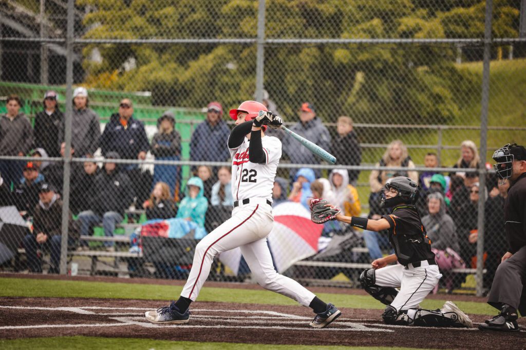 Snohomish sophomore Deyton Wheat follows through on his go-ahead, three-run home run which helped the Panthers win 4-2 against Monroe in a District 1 3A consolation game in Woodinville, Washington on May 17, 2025. (Photo courtesy of Brea Bursch / Snohomish Baseball)
