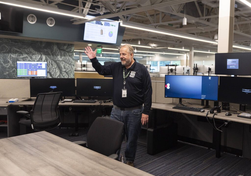 Snohomish County 911 Executive Director Kurt Mills talks about the improvements made in the new call center space during a tour of the building on Tuesday, May 20, 2025, in Everett, Washington. (Olivia Vanni / The Herald)
