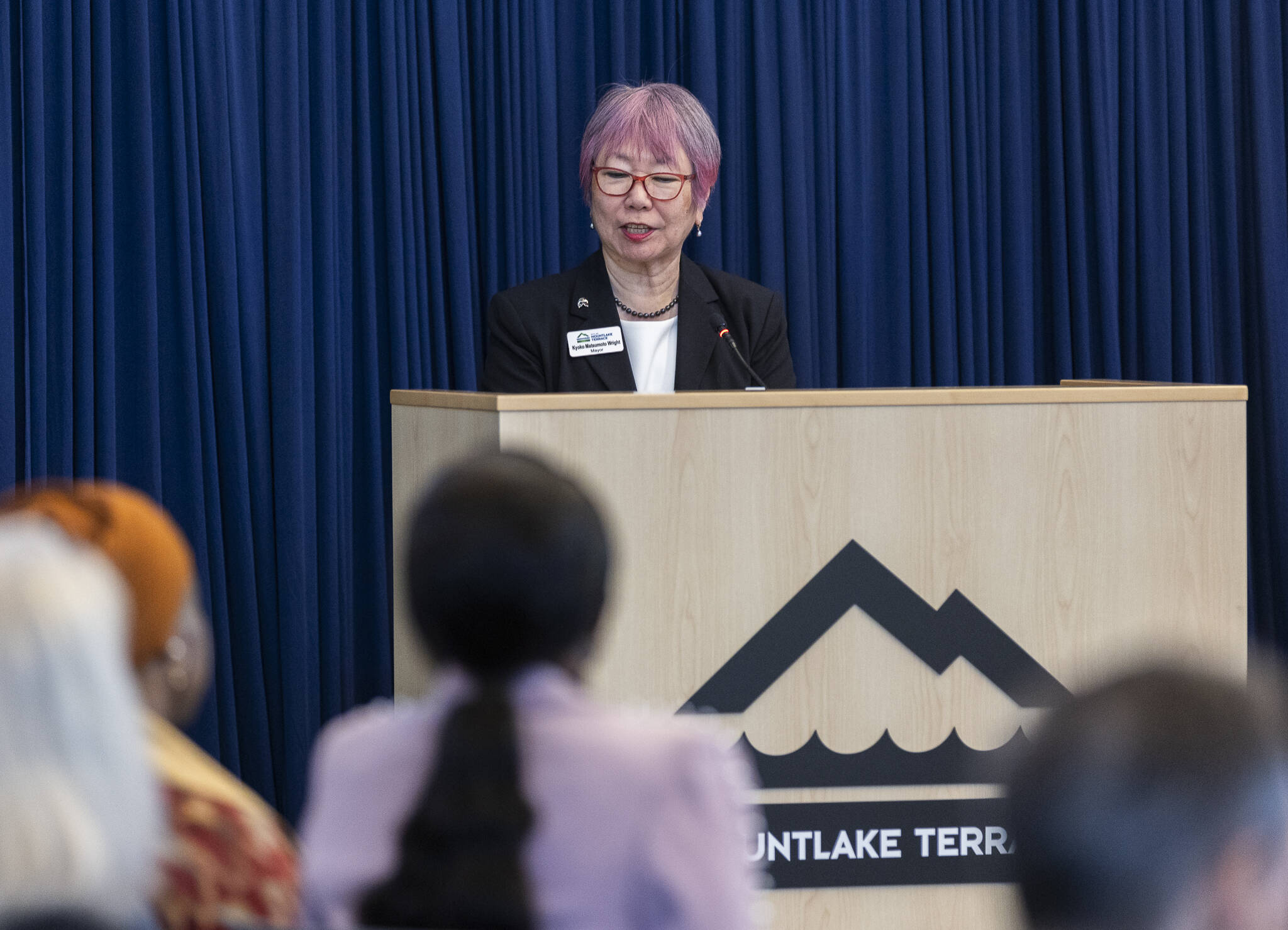 Mountlake Terrace Mayor Kyoko Matsumoto Wright speaks during the State of the City presentation at City Hall on Wednesday, May 21, 2025 in Mountlake Terrace, Washington. (Olivia Vanni / The Herald)