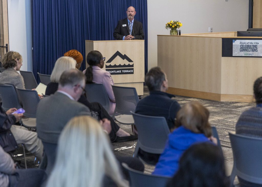 Mountlake Terrace City Manager Jeff Niten speaks during the State of the City presentation at City Hall on Wednesday, May 21, 2025 in Mountlake Terrace, Washington. (Olivia Vanni / The Herald) 
