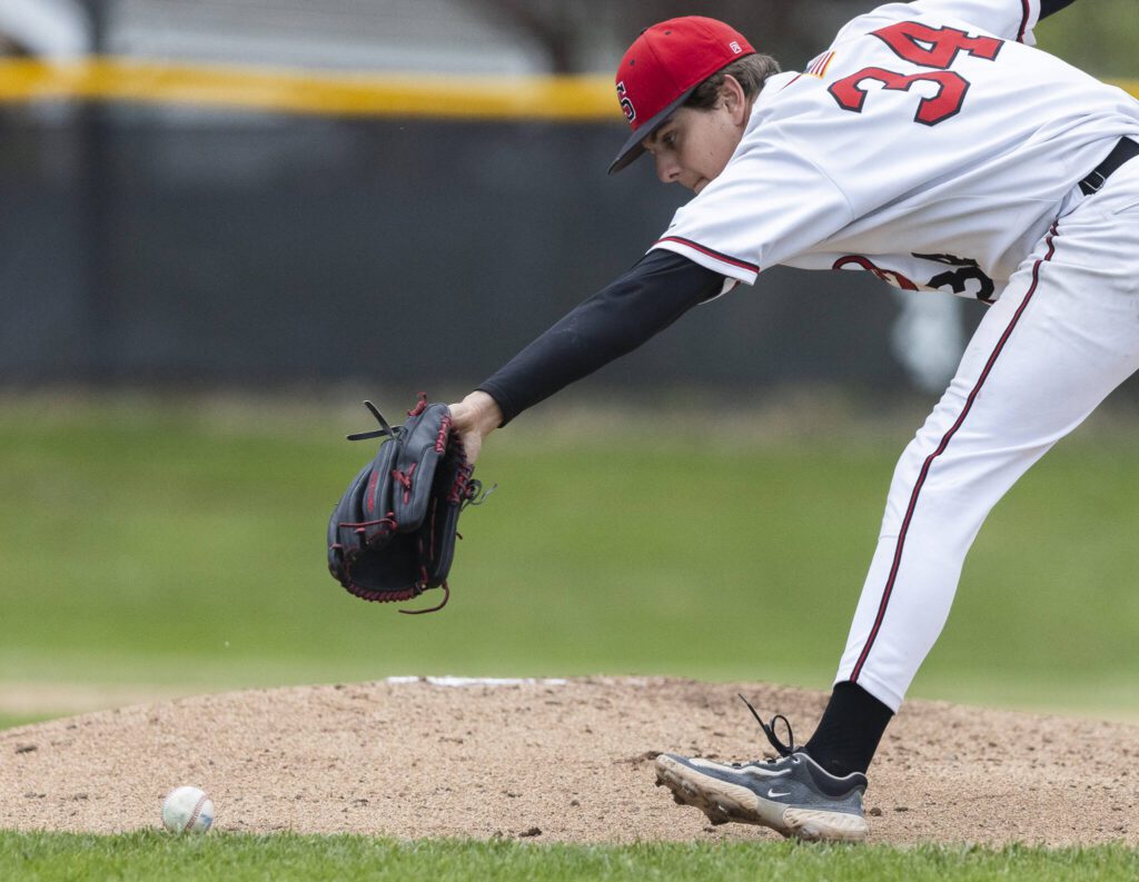 Snohomish’s Trevor Vorderbruggen reaches out to try and stop the ball during the opening round 3A state game against Bellevue on Tuesday, May 20, 2025 in Snohomish, Washington. (Olivia Vanni / The Herald)
