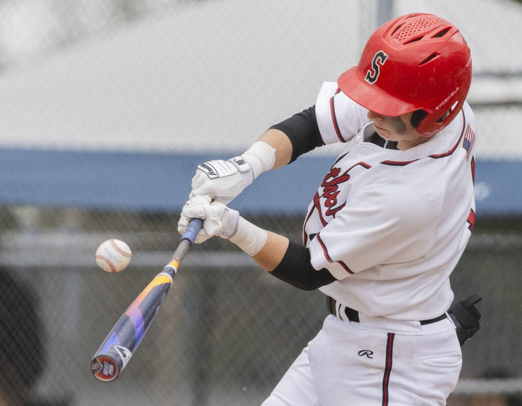 Snohomish’s Chase Clark gets a hit during the opening round 3A state game against Bellevue on Tuesday, May 20, 2025 in Snohomish, Washington. (Olivia Vanni / The Herald)

