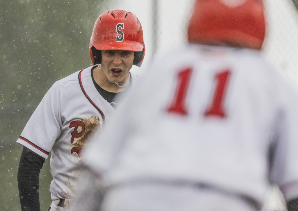 Snohomish’s Reve LeRoux yells after scoring during the opening round 3A state game against Bellevue on Tuesday, May 20, 2025 in Snohomish, Washington. (Olivia Vanni / The Herald)
