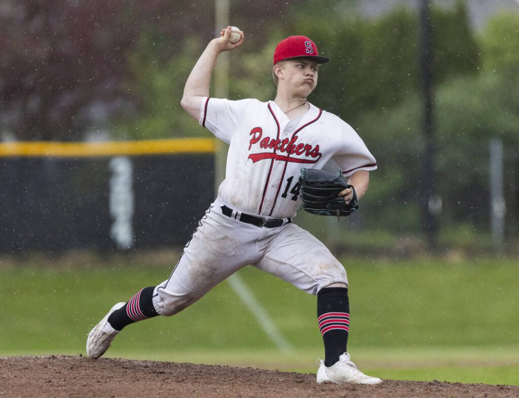 Snohomish’s Rider Walsh throws a pitch during the opening round 3A state game against Bellevue on Tuesday, May 20, 2025 in Snohomish, Washington. (Olivia Vanni / The Herald)
