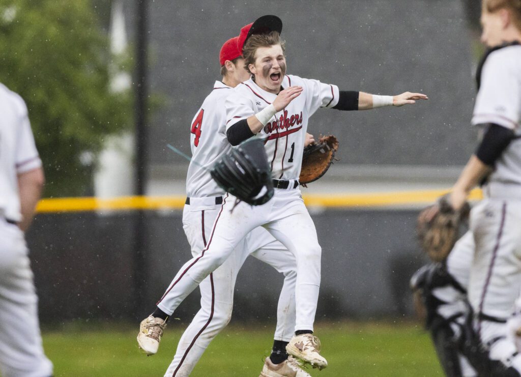 Snohomish’s Chase Clark jumps in the air after beating Bellevue in the loser-out opening round 3A state game on Tuesday, May 20, 2025 in Snohomish, Washington. (Olivia Vanni / The Herald)

