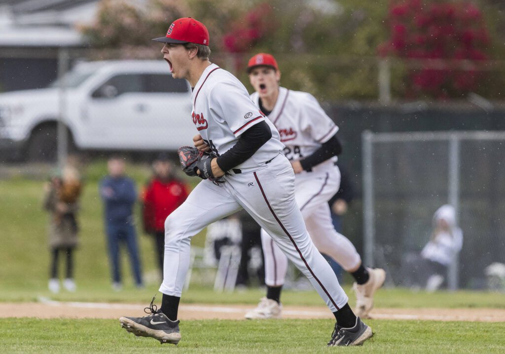 Snohomish’s Trevor Vorderbruggen yells after getting a strikeout during the opening round 3A state game against Bellevue on Tuesday, May 20, 2025 in Snohomish, Washington. (Olivia Vanni / The Herald)
