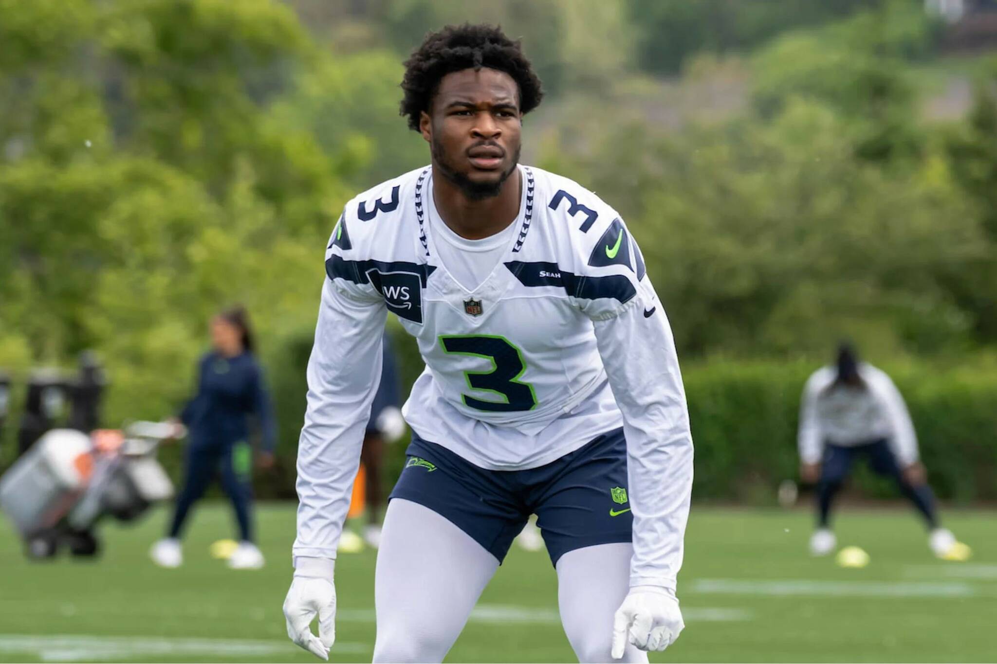 Seahawks rookie safety Nick Emmanwori (3) practices at the Virginia Mason Athletic Center in Renton on May 20, 2024. (Photo courtesy of Edwin Hooper / Seattle Seahawks)
