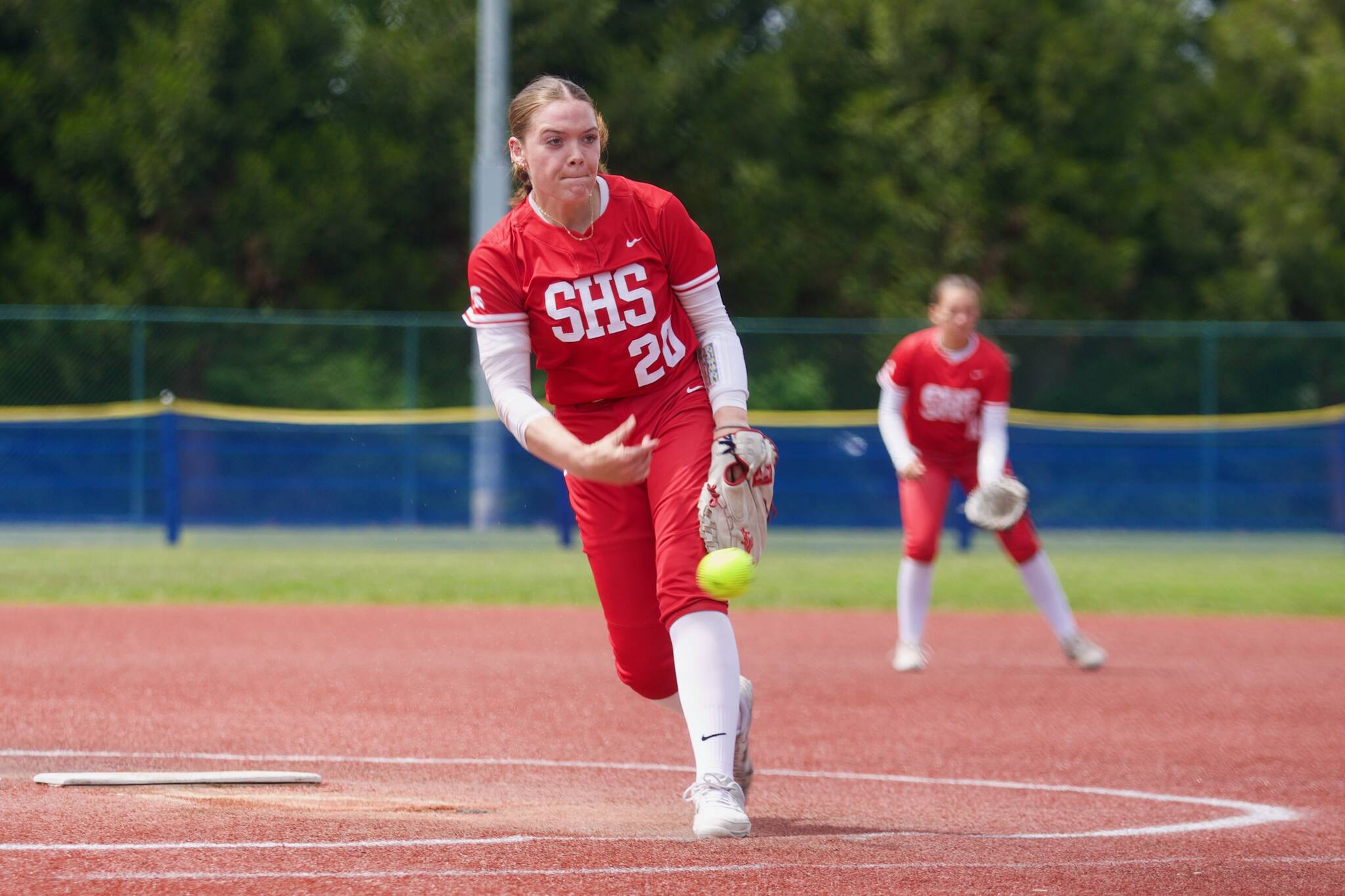 Stanwood sophomore Addi Anderson delivers a pitch during the Spartans’ 3-0 win against Roosevelt in the 3A State Softball Round of 16 in Lacey, Washington on May 23, 2025. Anderson notched 13 strikeouts in the complete-game shutout. (Joe Pohoryles / The Herald)