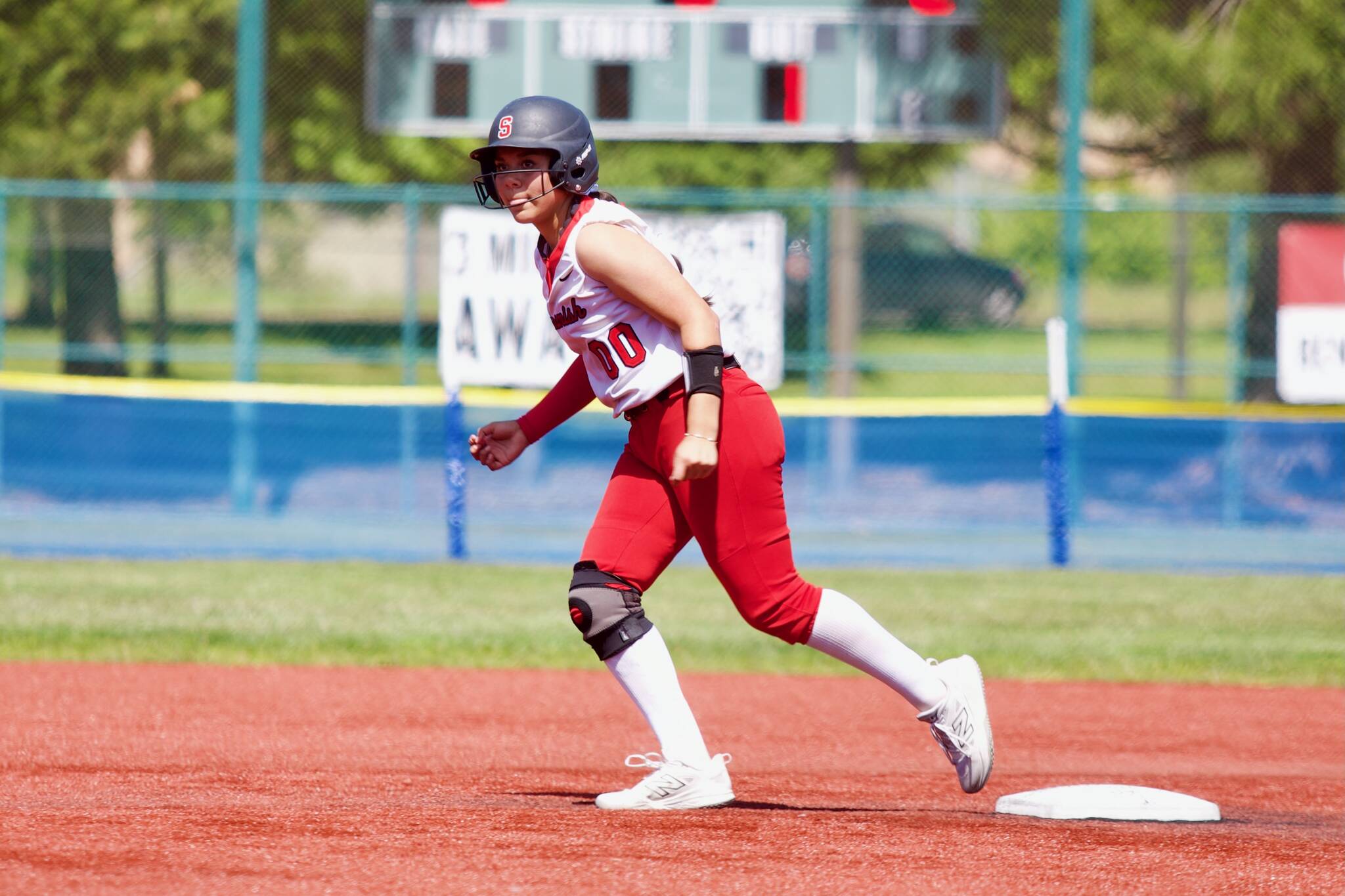 Snohomish freshman Amelie Lopez takes a lead off second base during the Panthers’ 3-2 loss to Liberty in the 3A State Softball semifinals in Lacey, Washington on May 24, 2025. (Joe Pohoryles / The Herald)