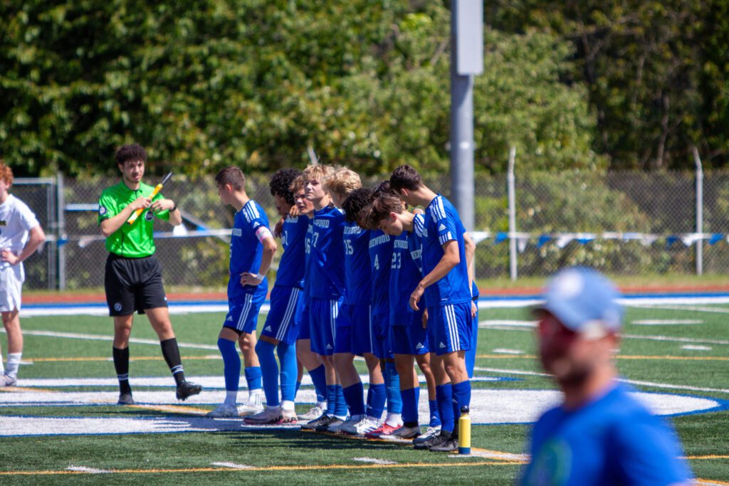 Shorewood players line up as penalty kicks begin during a 3A State boys soccer quarterfinal game against Bellevue on May 24, 2025 at Shoreline Stadium. (Qasim Ali / The Herald)
