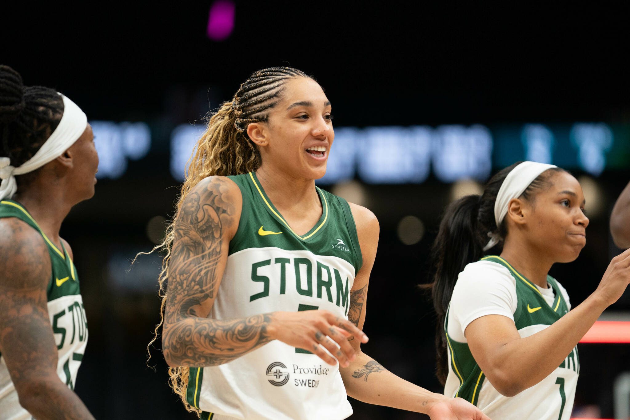 (From left to right) Erica Wheeler, Gabby Williams and Zia Cooke approach the bench during a 102-82 win over the Las Vegas Aces on May 25, 2025 at Climate Pledge Arena in Seattle, Washington. (Courtesy of Seattle Storm)