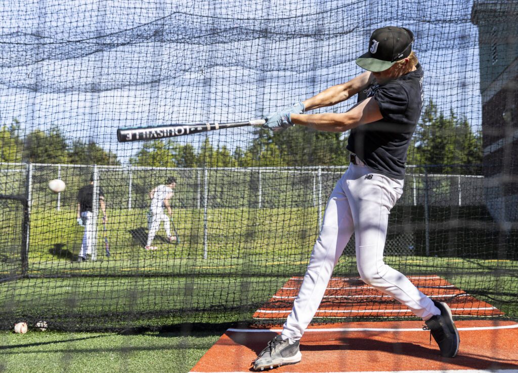 Austin Halvorson hits during batting practice on Wednesday, May 28, 2025 in Mill Creek, Washington. (Olivia Vanni / The Herald)
