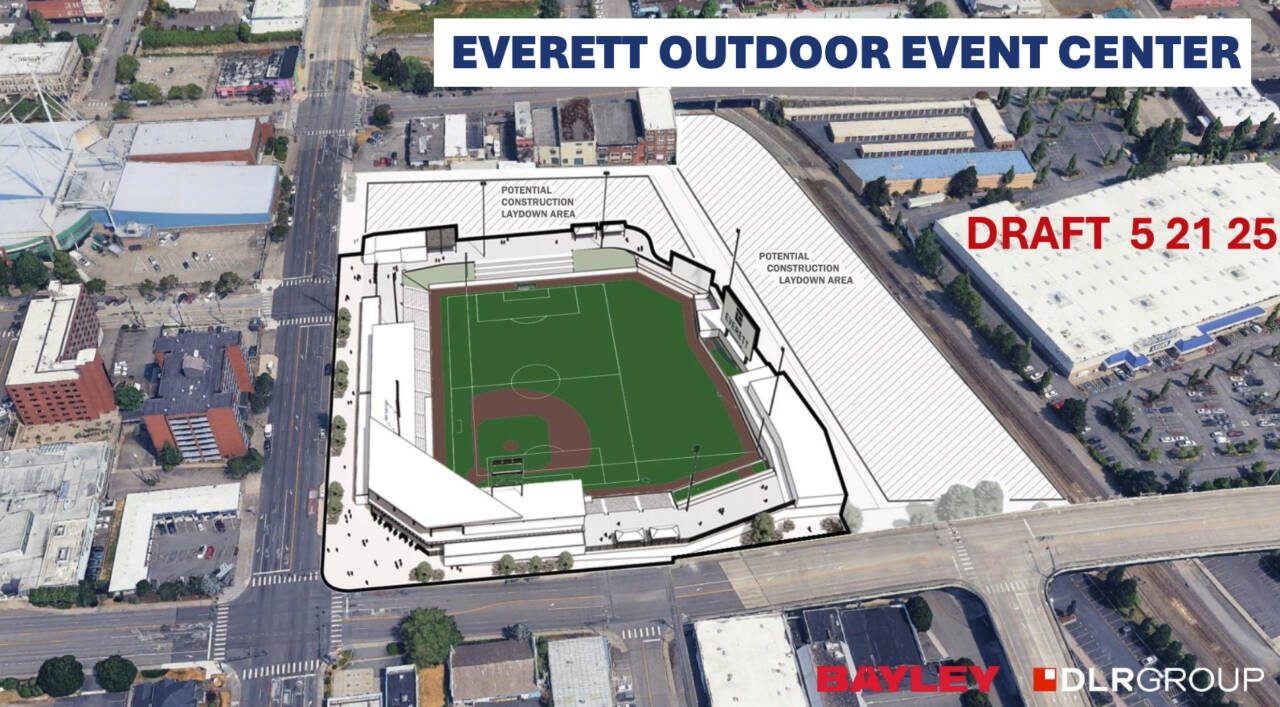 A preliminary rendering of a new city-built outdoor stadium shows how the event center would fit between Hewitt and Pacific Avenues, just west of Broadway. (City of Everett)