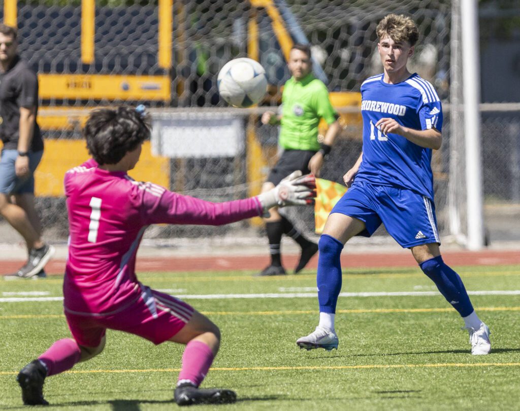 Shorewood’s Niki Genadiev takes a shot on goal during the 3A state semifinal game against Ingraham on Friday, May 30, 2025 in Puyallup, Washington. (Olivia Vanni / The Herald)
