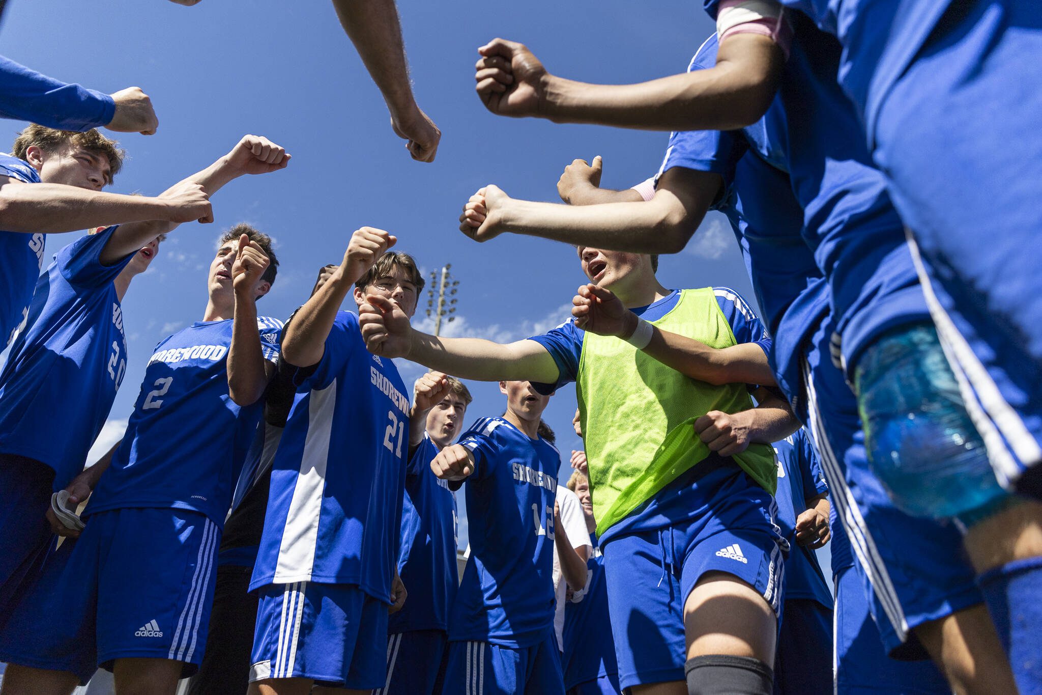 Shorewood players cheer after beating Ingraham in the 3A state semifinal game to advance to the championship on Friday, May 30, 2025 in Puyallup, Washington. (Olivia Vanni / The Herald)