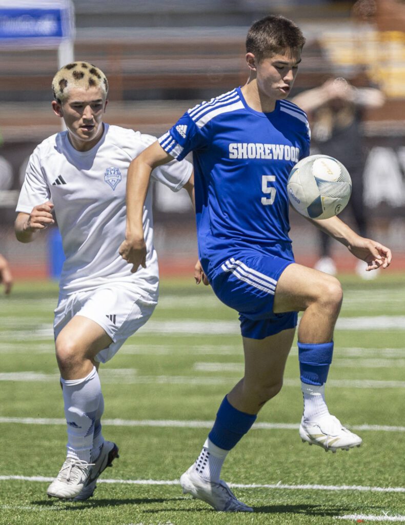 Shorewood’s Daniel Bruno traps the ball during the 3A state semifinal game against Ingraham on Friday, May 30, 2025 in Puyallup, Washington. (Olivia Vanni / The Herald)
