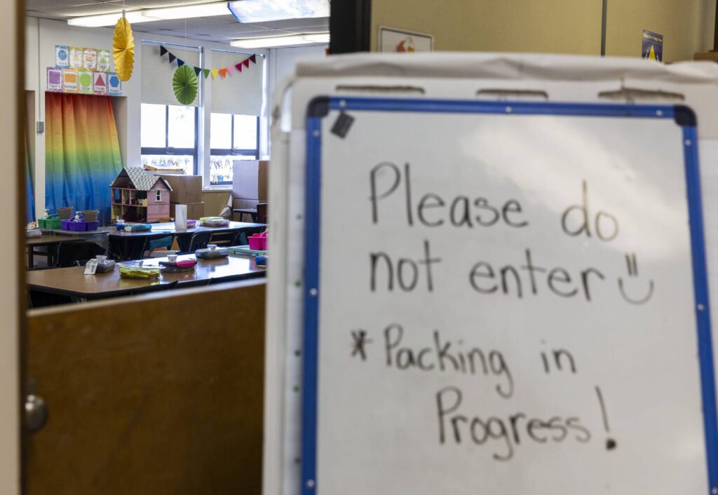 A sign asks people not to enter a classroom that is currently being packed-up before the closing of Liberty Elementary on Thursday, May 29, 2025 in Marysville, Washington. (Olivia Vanni / The Herald) 
