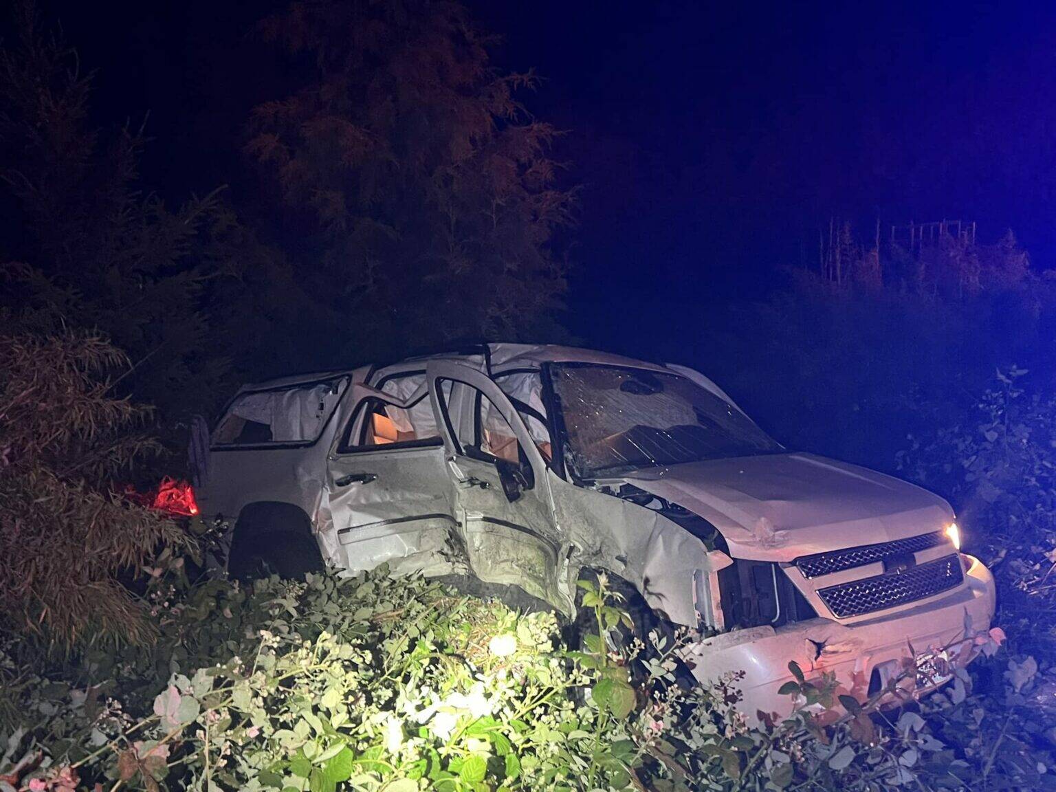 A damaged vehicle is seen in the aftermath of a June 2024 crash in Thurston County, in which the driver of another vehicle was suspected of speeding and driving under the influence. (Photo courtesy of Thurston County Sheriff Office)