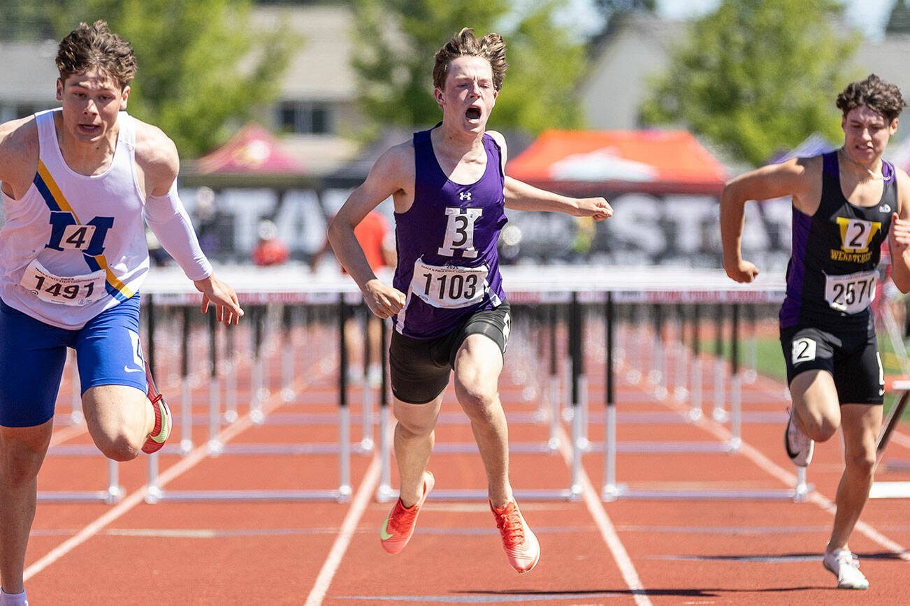 Kamiak’s Miller Warme yells as he crosses the finish line in the 4A Boys 110 Hurdles final on Friday, May 30, 2025 in Tacoma, Washington. (Olivia Vanni / The Herald)
