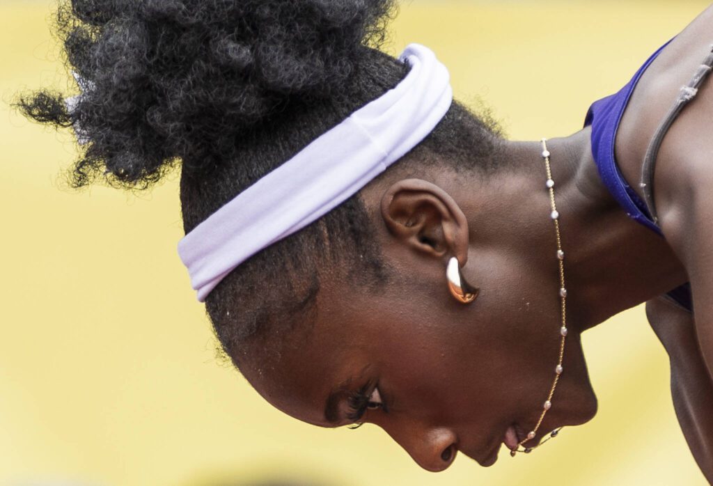 Lake Stevens’ Haddyjatou Ceesay waits for the starting gun in the 4A girls 4×100 relay final on Saturday, May 31, 2025 in Tacoma, Washington. (Olivia Vanni / The Herald)
