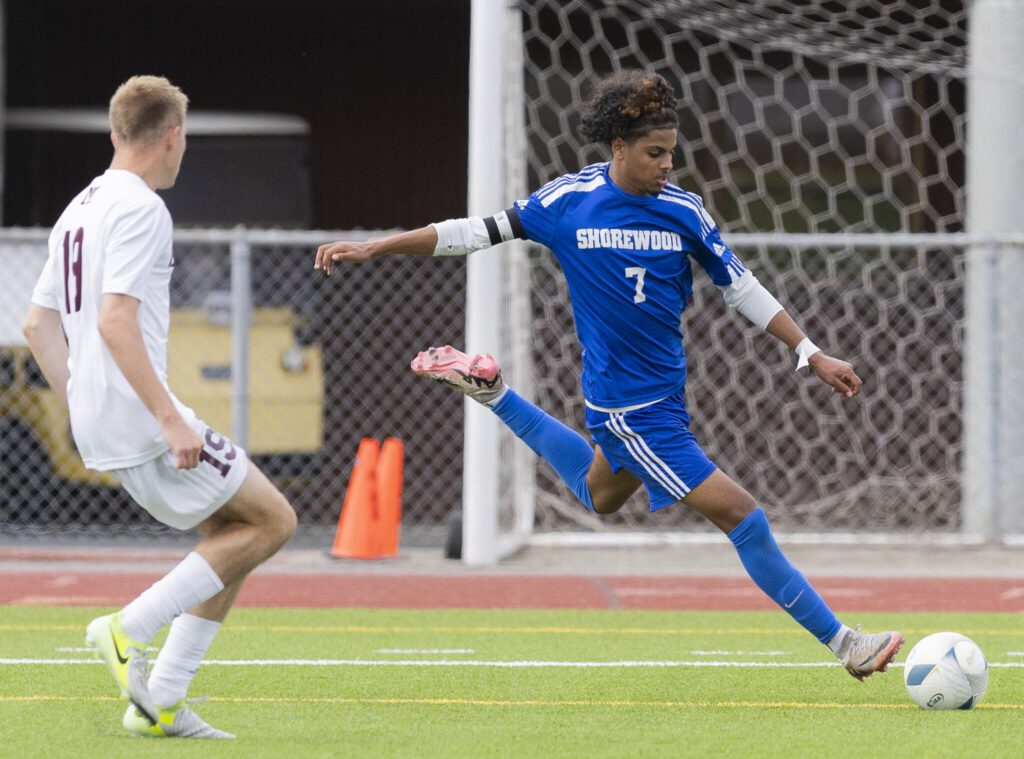 Shorewood’s Matthew Bereket takes a shot on goal during the 3A state championship game against Mercer Island on Saturday, May 31, 2025 in Puyallup, Washington. (Olivia Vanni / The Herald)
