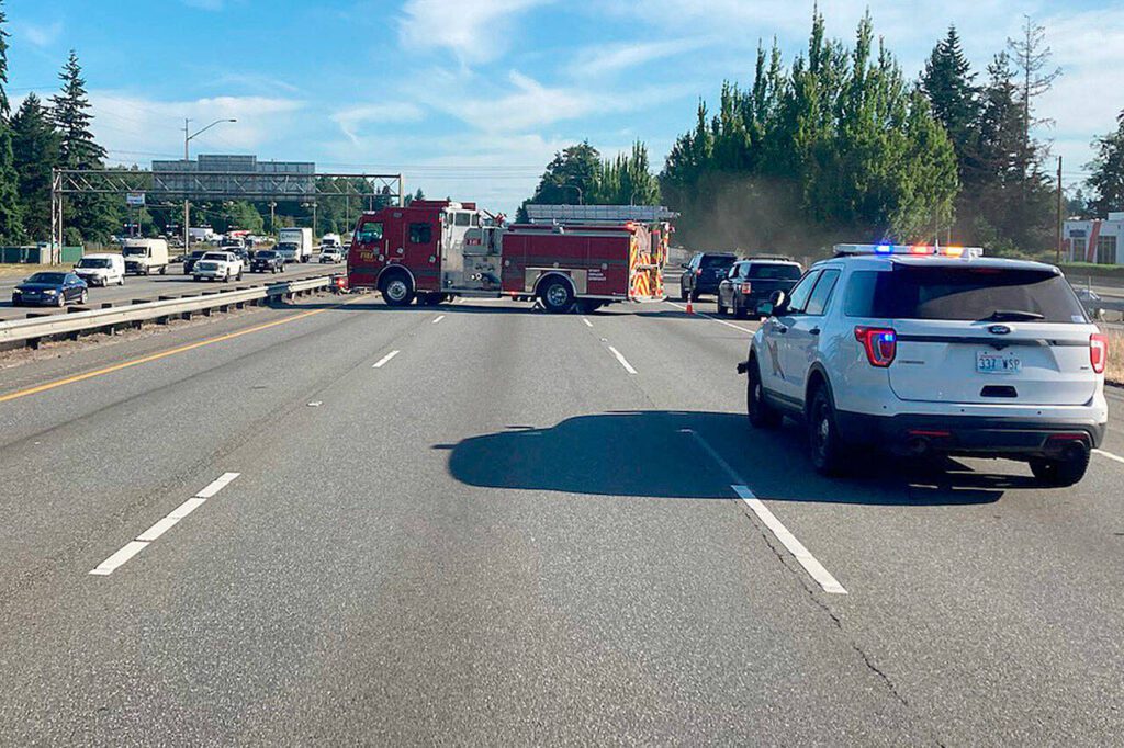 A two-vehicle crash on northbound Interstate 5 near Highway 528 in Marysville led to serious injuries and blocked all northbound traffic in 2023. (Washington State Patrol)
