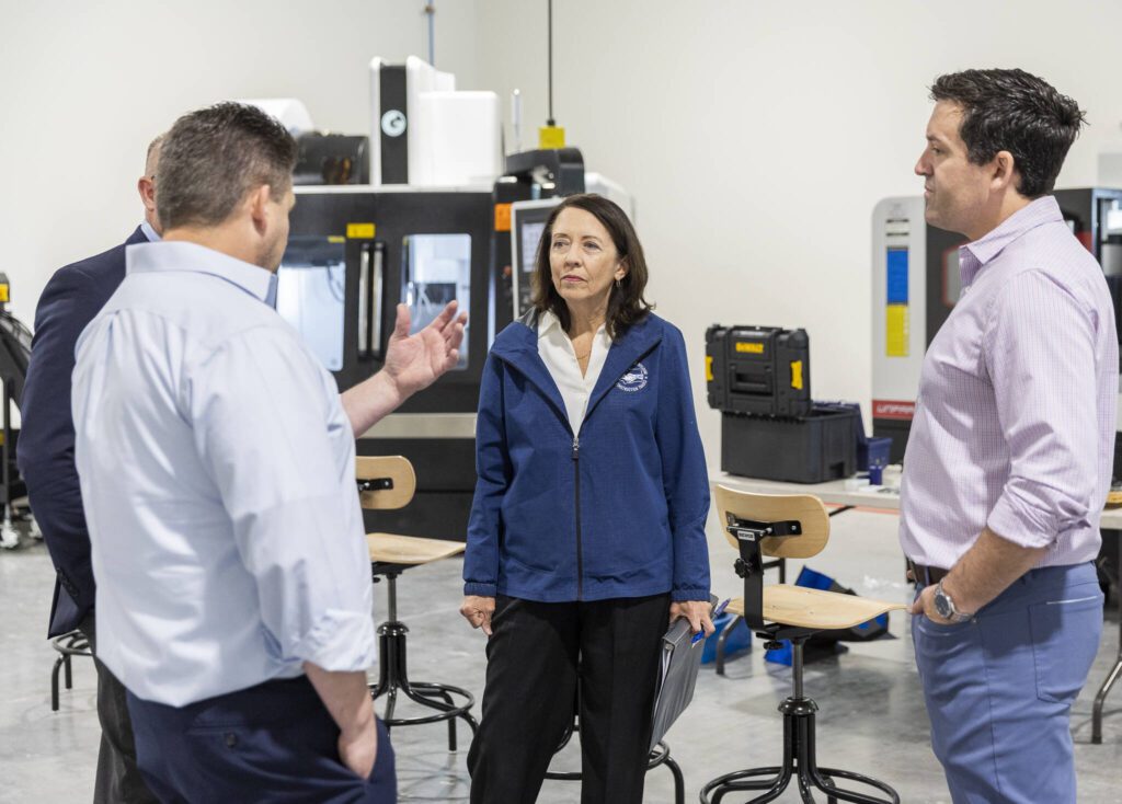 Sen. Maria Cantwell at the new Boeing machinists union’s apprentice training center on Friday, June 6, 2025 in Everett, Washington. (Olivia Vanni / The Herald)
