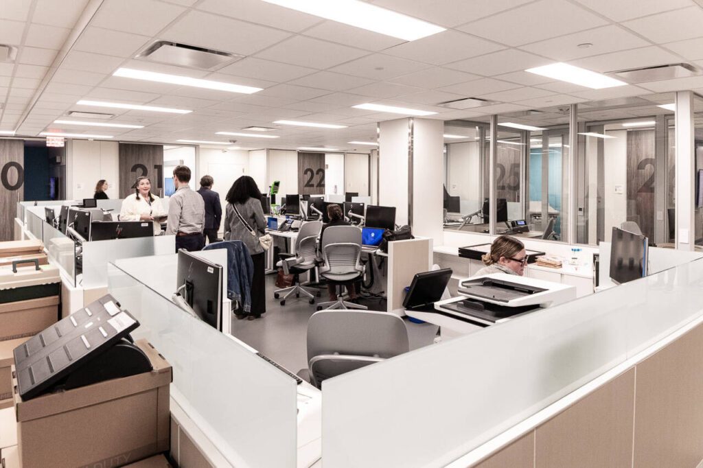 Staff settle into one of the pods in the new Kaiser Permanente Everett Medical Center facility at 2929 Pine St. on Monday, June 2, 2025 in Everett, Washington. (Aaron Kennedy/The Daily Herald)
