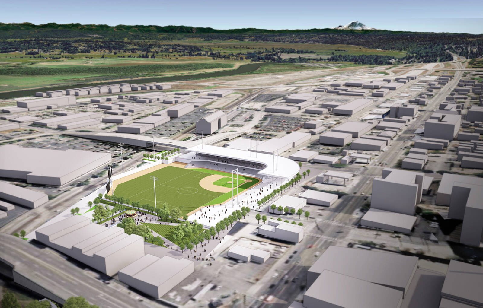 A rendering of possible configuration for a new multi-purpose stadium in downtown Everett. (DLR Group)