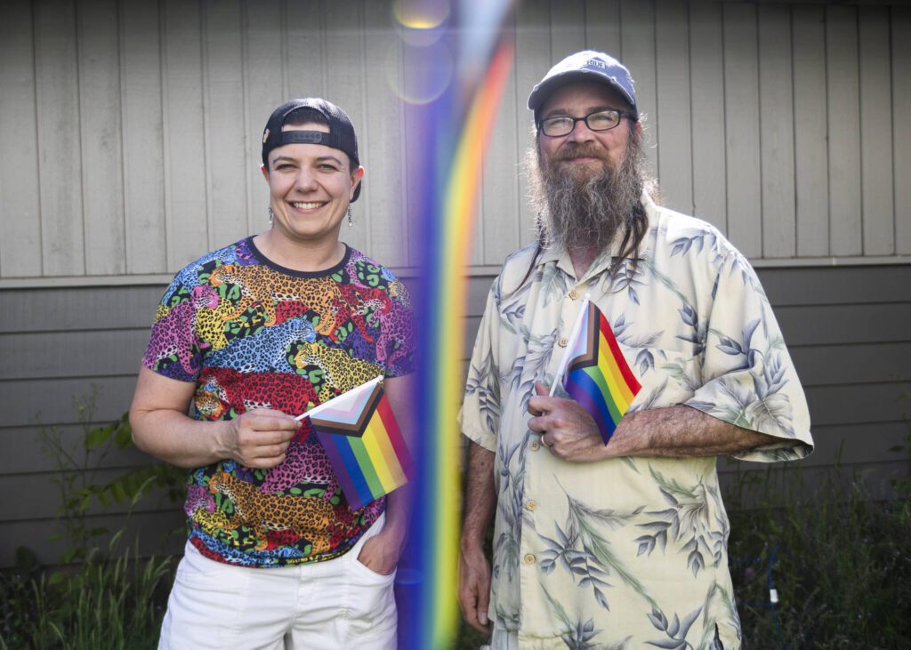 Marysville Pride organizers Vee Gilman, left, and Mike Pieckiel on Thursday, June 5, 2025 in Marysville, Washington. (Olivia Vanni / The Herald)

