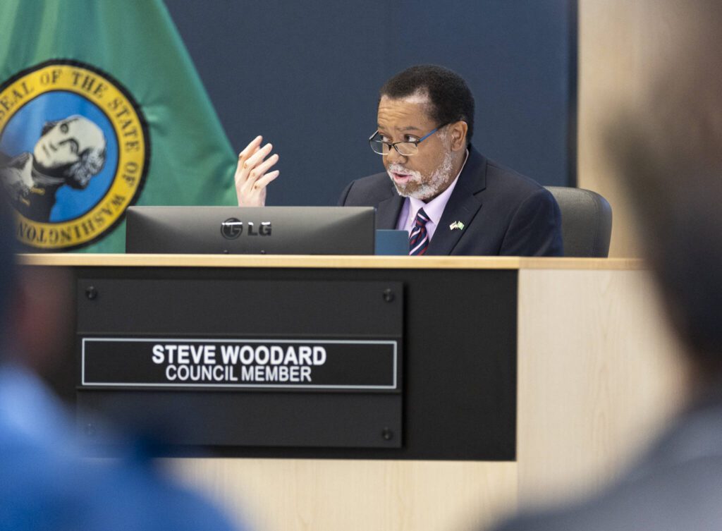 Mountlake Terrace City Council Member Steve Woodard talks about the the Flock Safety license plate camera system on Thursday, June 5, 2025, in Mountlake Terrace, Washington. (Olivia Vanni / The Herald)
