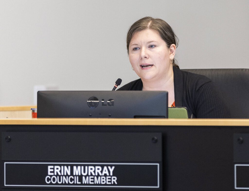 Mountlake Terrace City Council Member Erin Murray asks questions about the Flock Safety license plate camera system and contract on Thursday, June 5, 2025 in Mountlake Terrace, Washington. (Olivia Vanni / The Herald)
