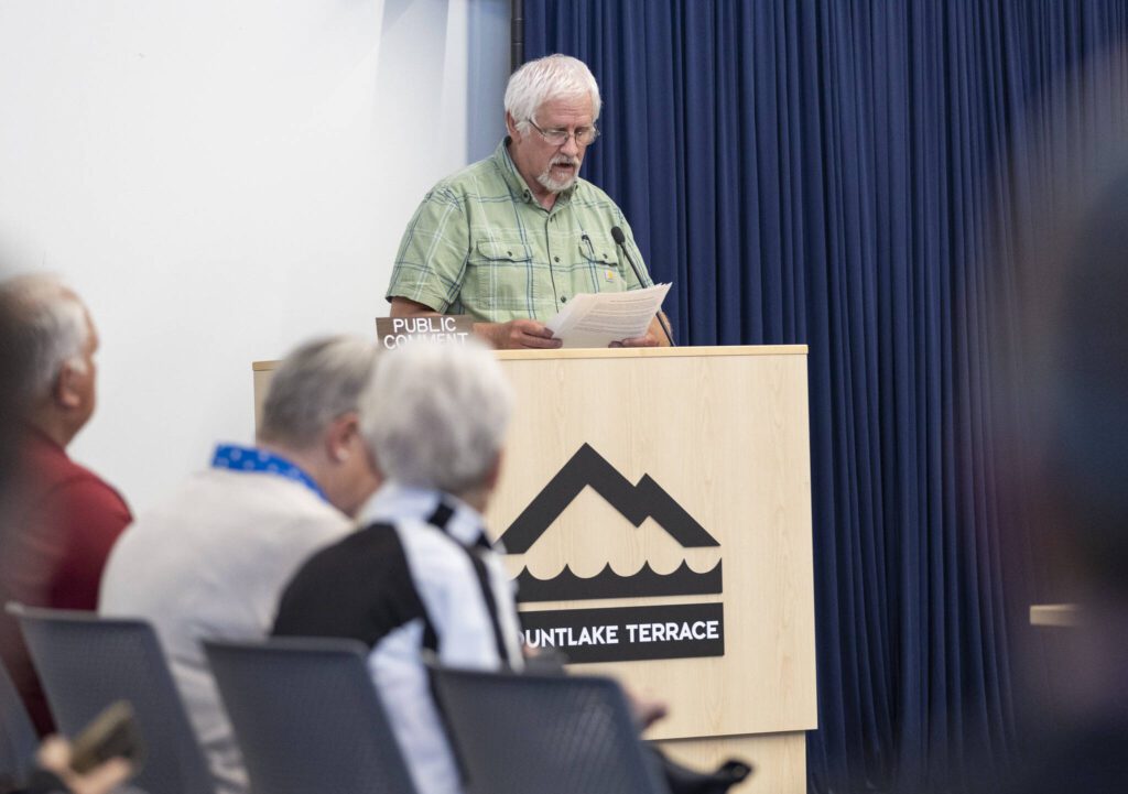 Steve Mosman speaks in support of installing the Flock Safety license plate camera system on Thursday, June 5, 2025, in Mountlake Terrace, Washington. (Olivia Vanni / The Herald)

