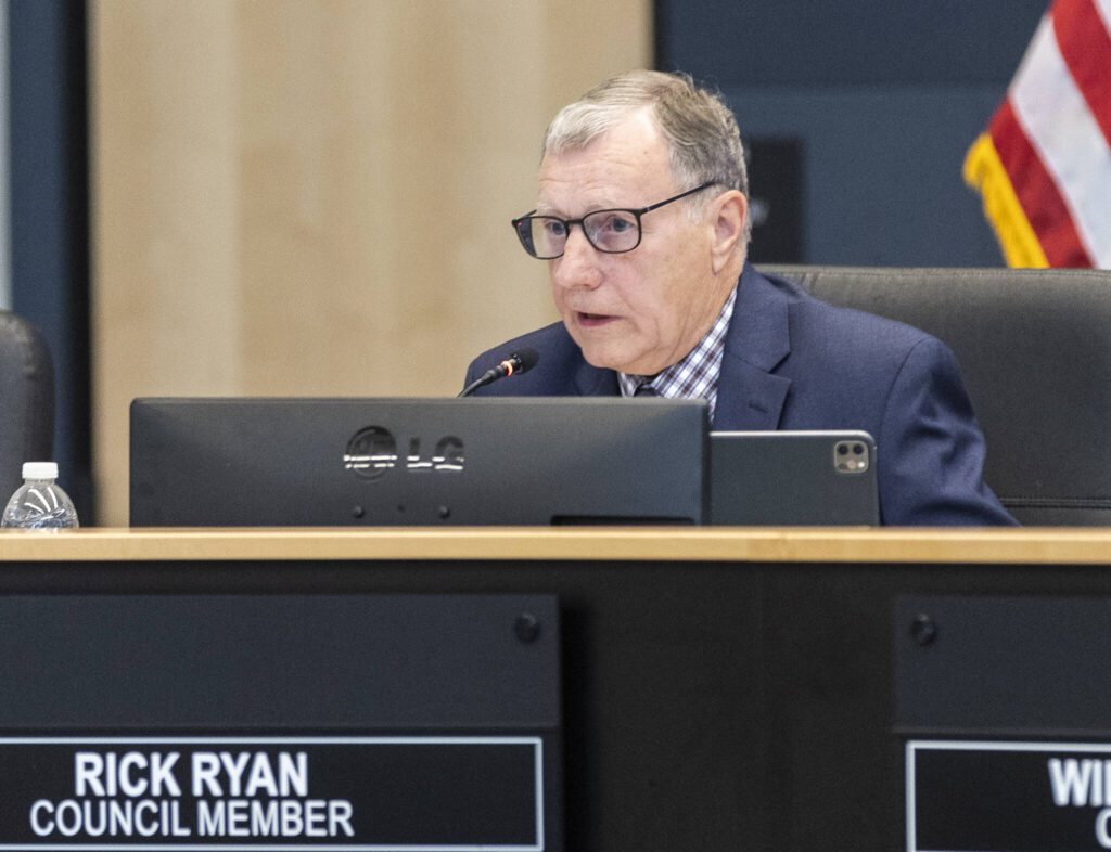 Mountlake Terrace City Council Member Rick Ryan speaks in support of the Flock Safety license plate camera system on Thursday, June 5, 2025 in Mountlake Terrace, Washington. (Olivia Vanni / The Herald)
