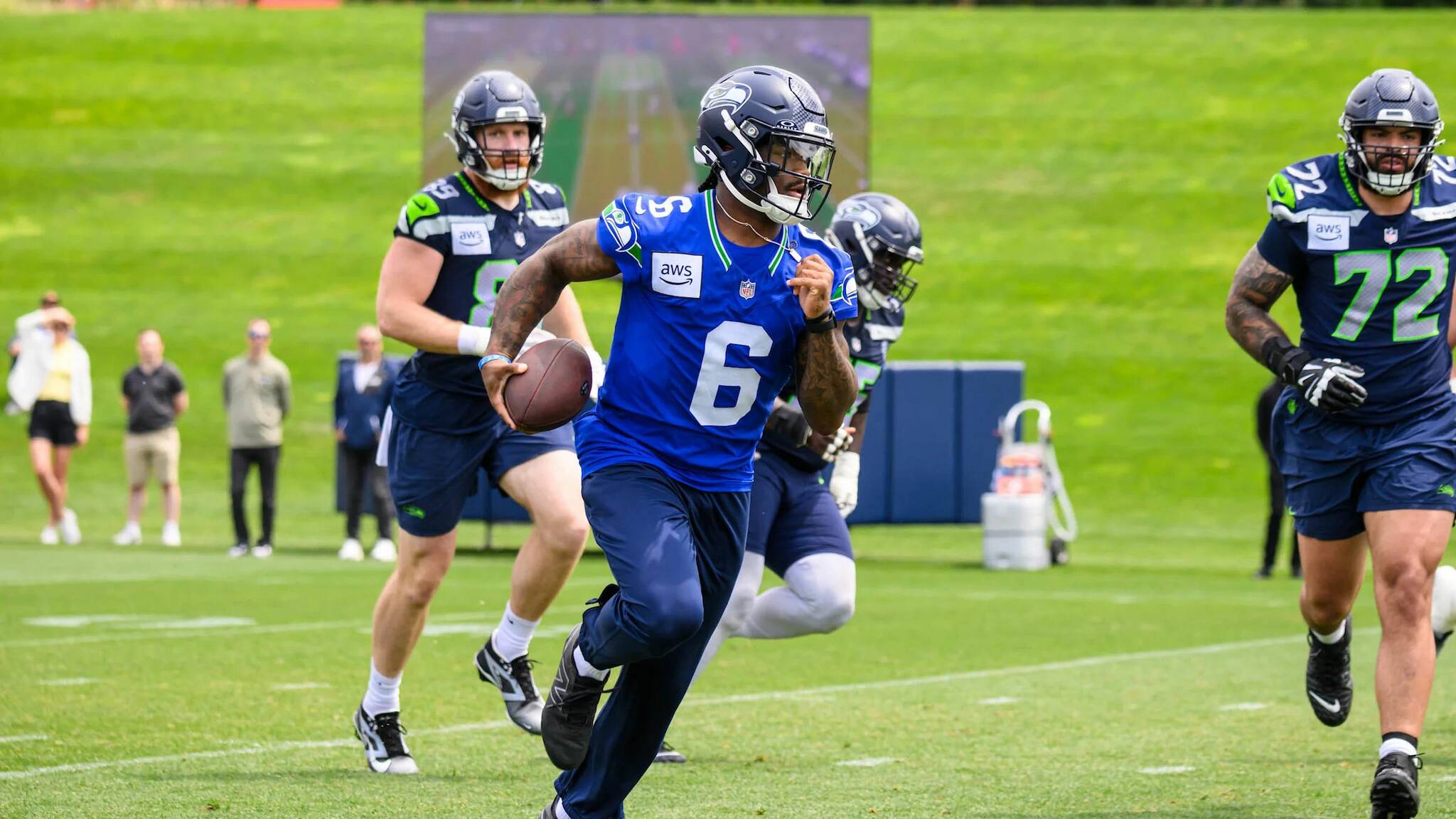 Seahawks quarterback Jalen Milroe (6) participates in a workout on day five of OTAs at the Virginia Mason Athletic Center in Renton on Wednesday, June 4, 2025. (Photo courtesy of Edwin Hooper / Seattle Seahawks)