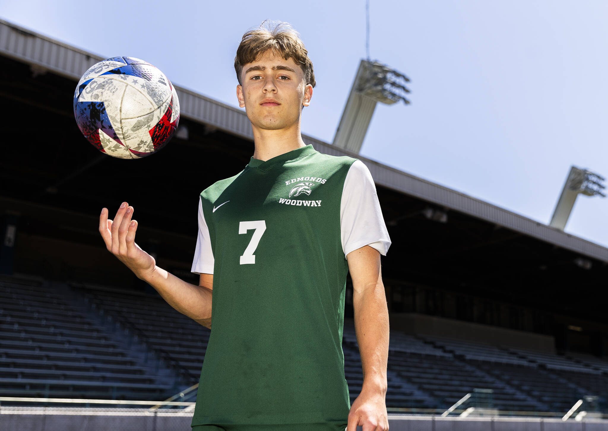 Edmonds-Woodway senior Alex Plumis is The Herald’s 2025 Boys Soccer Offensive Player of the Year on Thursday, June 5, 2025 in Edmonds, Washington. (Olivia Vanni / The Herald)