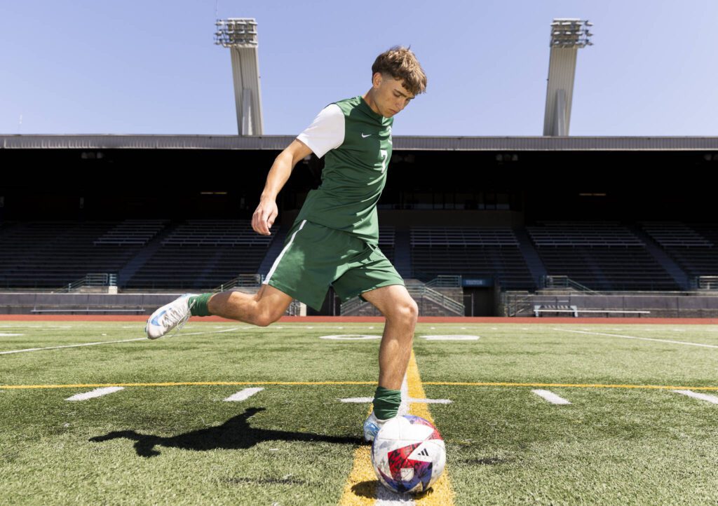Edmonds-Woodway senior Alex Plumis is The Herald’s 2025 Boys Soccer Offensive Player of the Year on Thursday, June 5, 2025 in Edmonds, Washington. (Olivia Vanni / The Herald)
