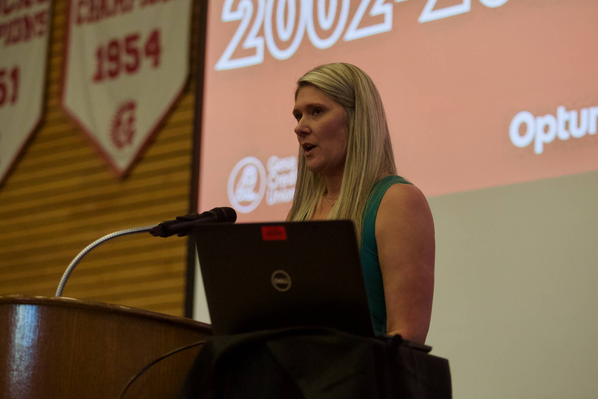Nikki Anderson gives her speech at the Everett Community College Athletics 2025 Hall of Fame Induction Ceremony in Everett, Washington on June 5, 2025. She starred on the 2002-03 women’s basketball team under coach Chet Hovde. (Joe Pohoryles / The Herald)