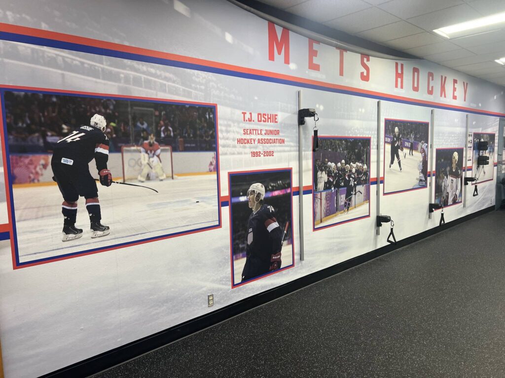 A hallway at Olympicview Arena in Mountlake Terrace, Washington commemorates TJ Oshie’s youth career with the Seattle Junior Hockey Association (Photo courtesy of Mike Murphy)
