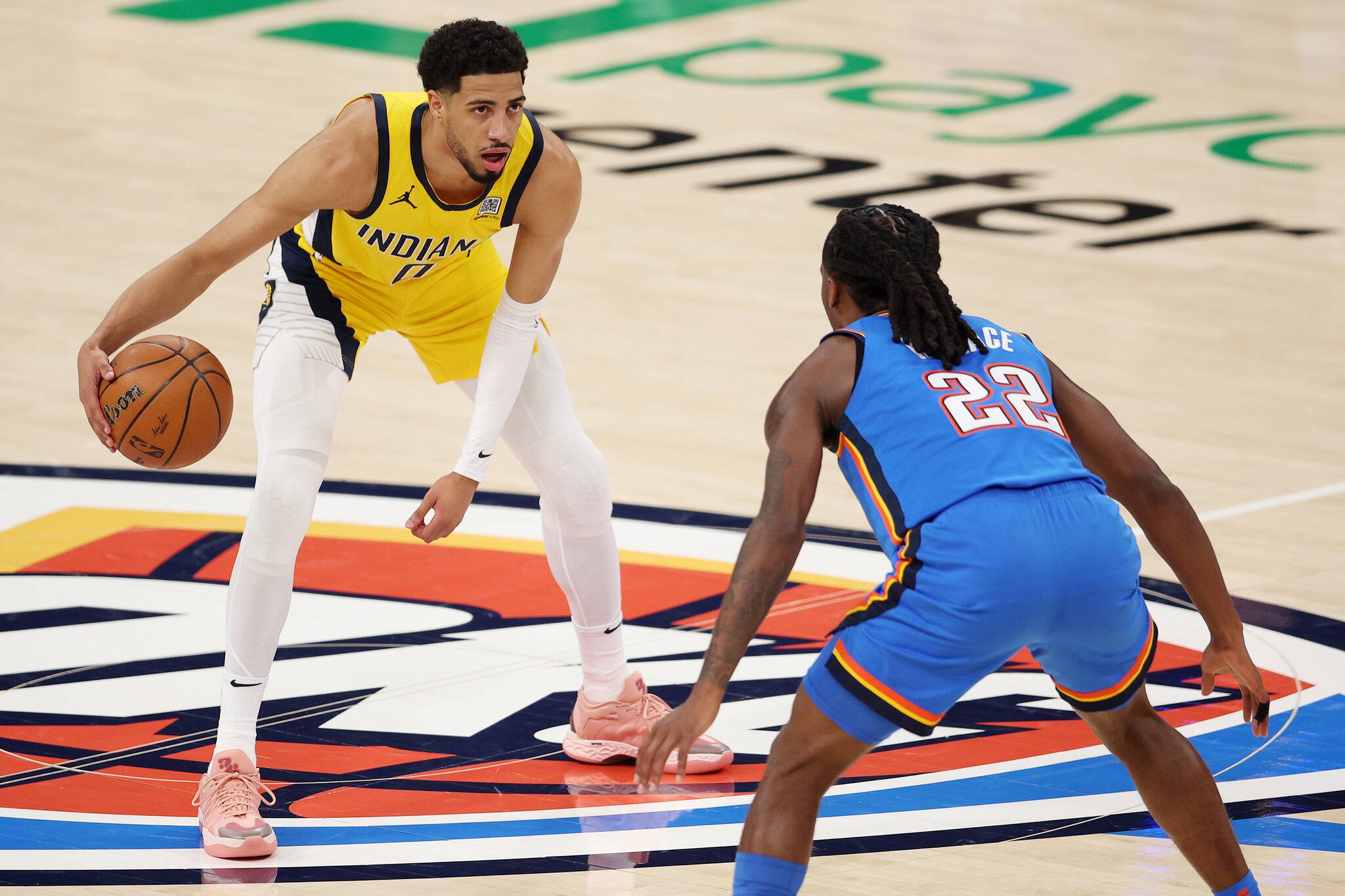 Tyrese Haliburton (0) of the Indiana Pacers is defended by Cason Wallace (22) of the Oklahoma City Thunder during the first quarter in Game Two of the 2025 NBA Finals at Paycom Center on June 8, 2025, in Oklahoma City, Oklahoma. (William Purnell / Getty Images / Tribune News Services)