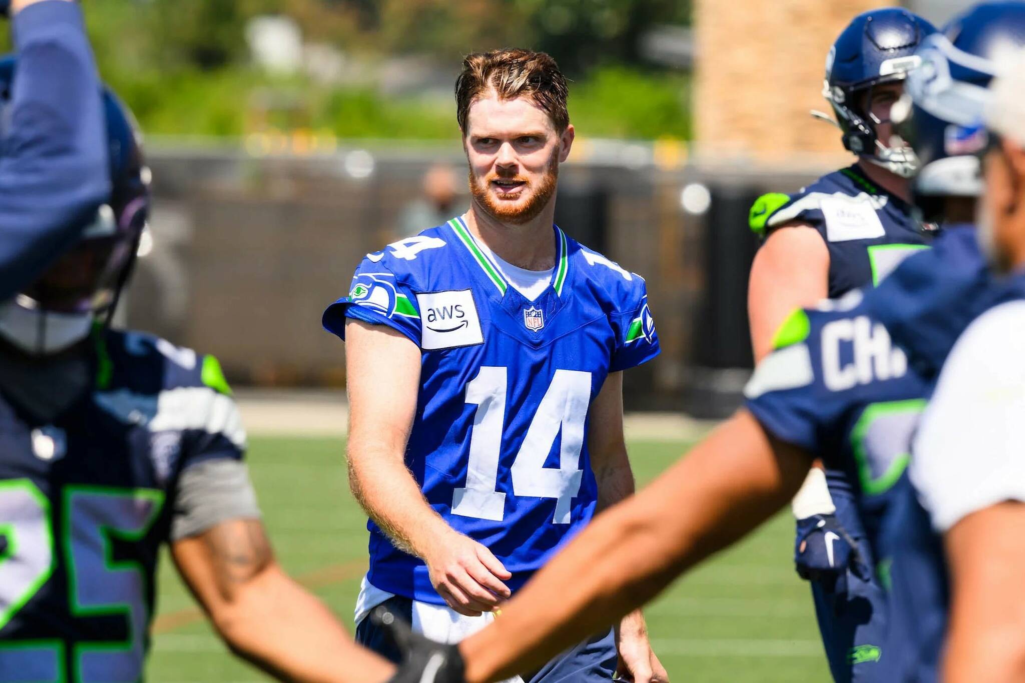 Seahawks quarterback Sam Darnold (14) participates in a workout at minicamp at the Virginia Mason Athletic Center in Renton on Tuesday, June 10, 2025. (Photo courtesy of Edwin Hooper / Seattle Seahawks)