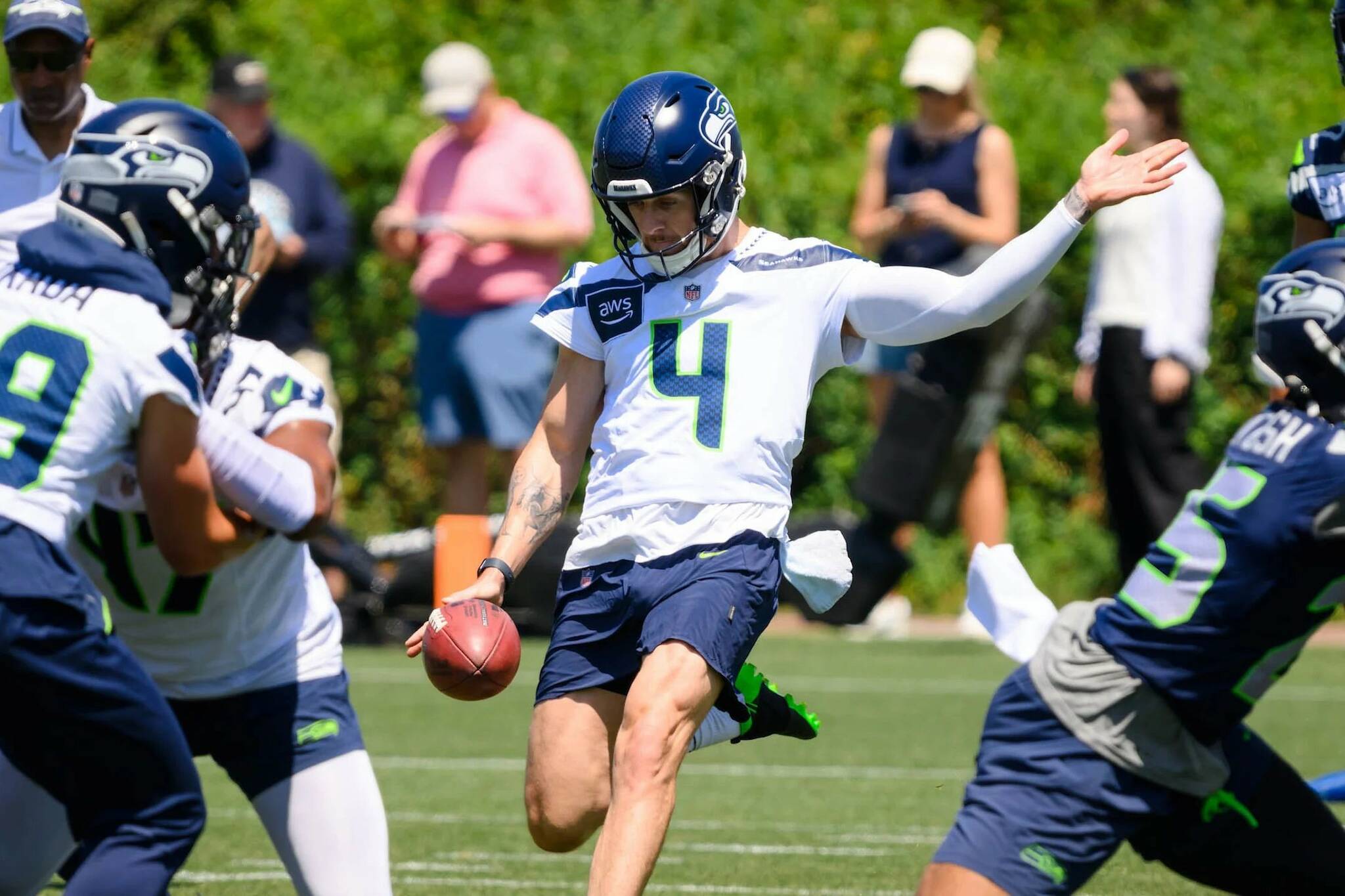 Seahawks punter Michael Dickson (4) kicks the ball during minicamp at the Virginia Mason Athletic Center in Renton on Tuesday, June 10, 2025. (Photo courtesy of Edwin Hooper / Seattle Seahawks)
