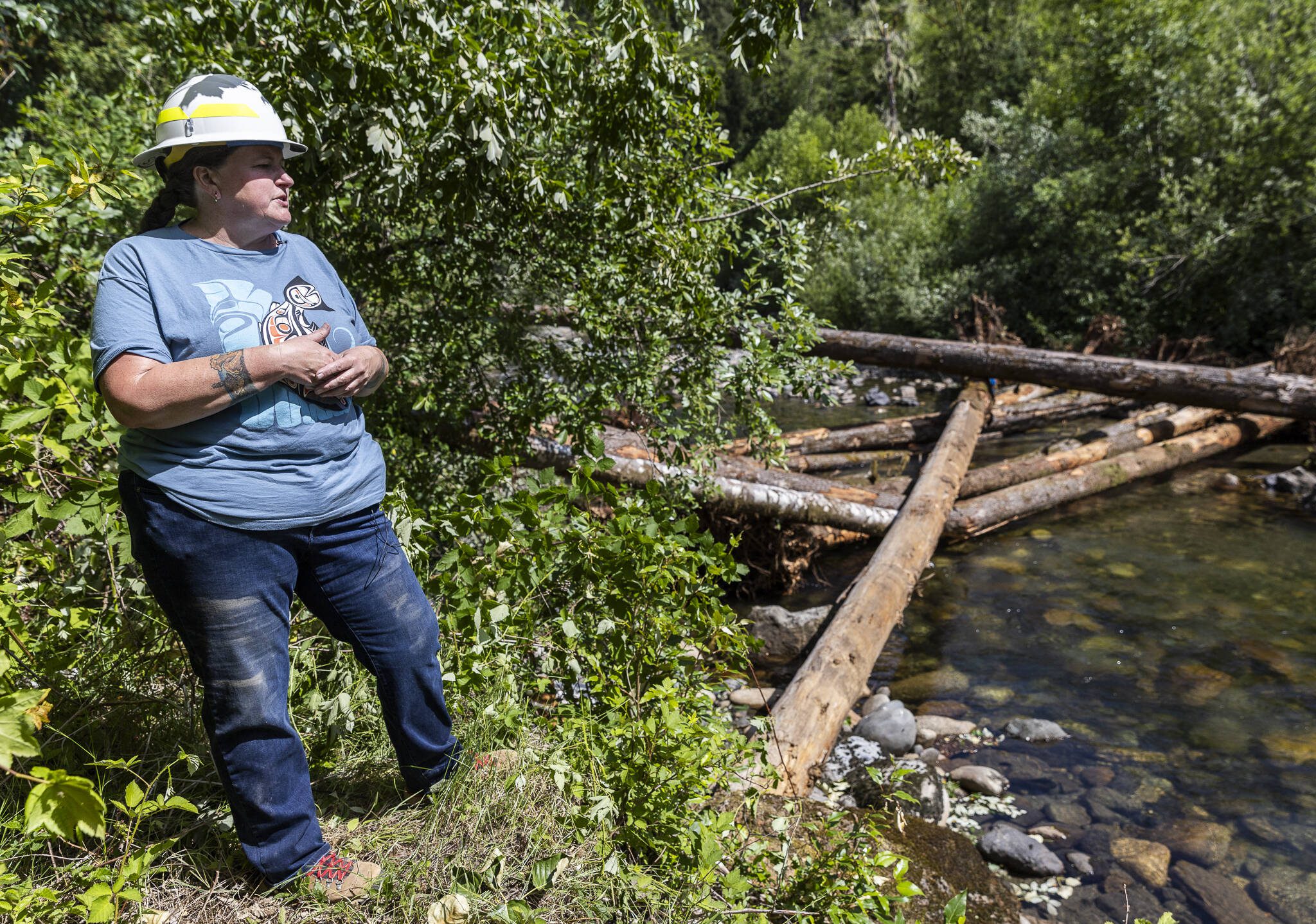 DNR Watershed Resilience Program Lead Rachel Benbrook talks about a recently finished log jam along the Pilchuck River on Wednesday, June 11, 2025 in Granite Falls, Washington. (Olivia Vanni / The Herald)