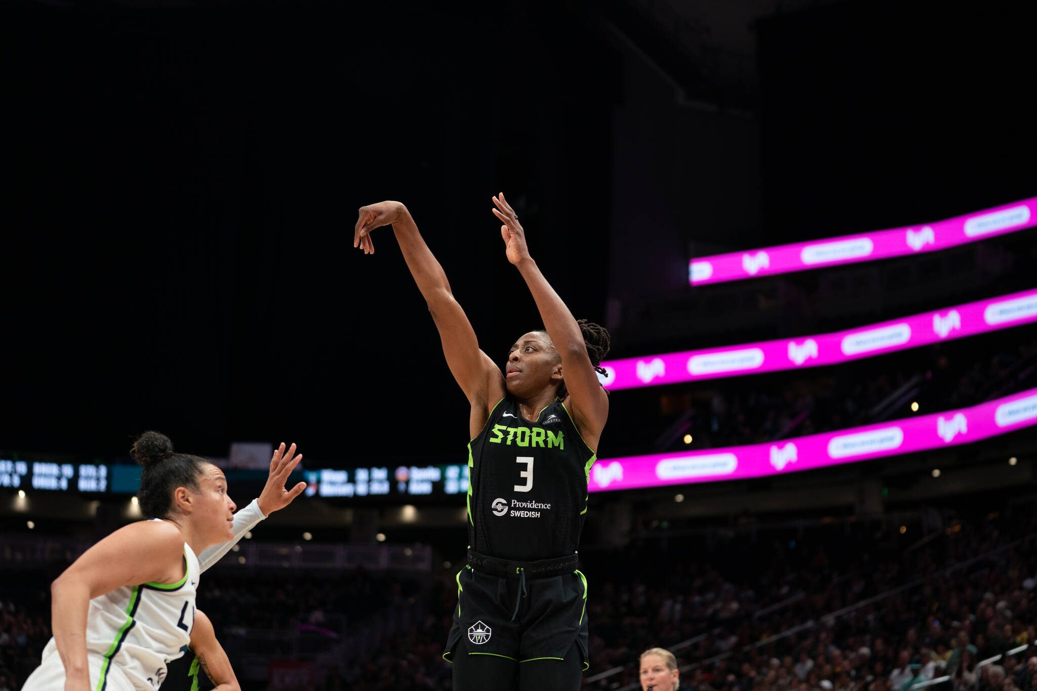Nneka Ogwumike releases a shot against the Minnesota Lynx at Climate Pledge Arena on June 11, 2025. (Photo courtesy of the Seattle Storm)